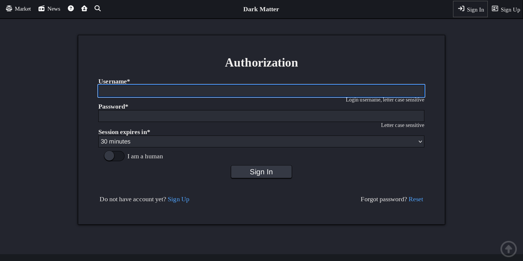 DarkMatter market login interface
