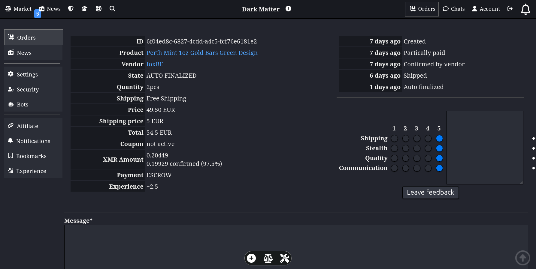 DarkMatter encrypted messaging and order tracking system